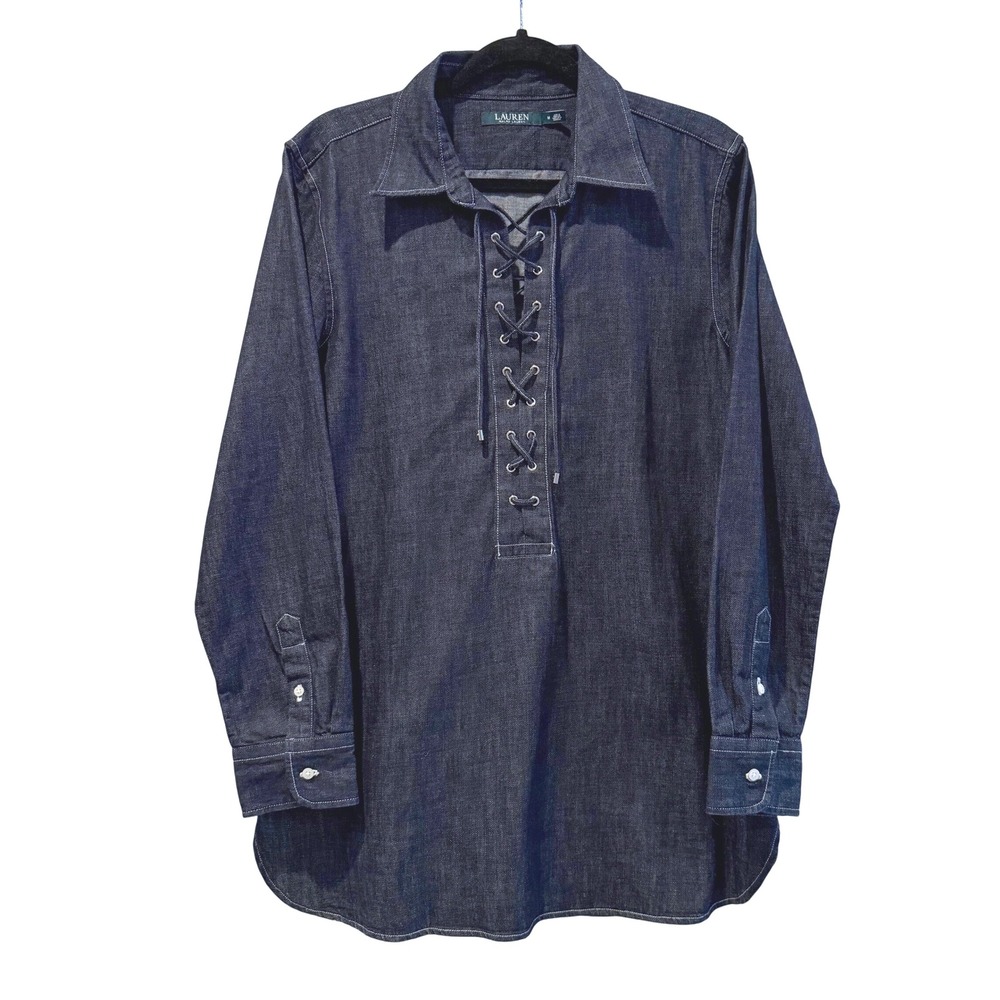 Lauren Ralph Lauren Denim Tunic Top Women's Medium Long Sleeve Lace Up